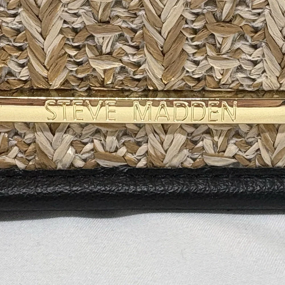 Steve Madden Womens Black Bwebber Straw Satchel Crossbody Purse Bag Earbud Case‎
